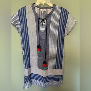Vineyard Vines linen striped tassel shirt dress in dazzling blue